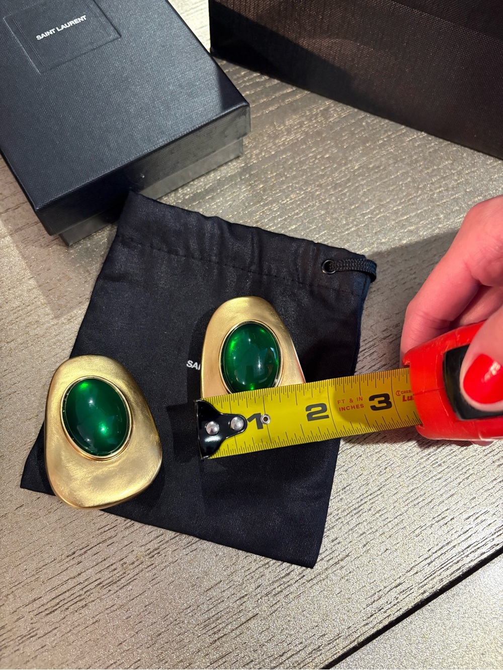 SAINT LAURENT Cabochon Clip-On Earrings Gold Tone Metal Green Resin Gemstone - Picture 11 of 16